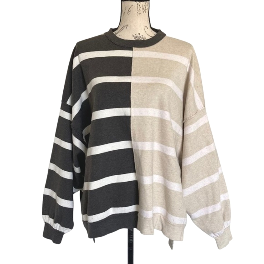 Free People Black and Tan Striped Sweatshirt